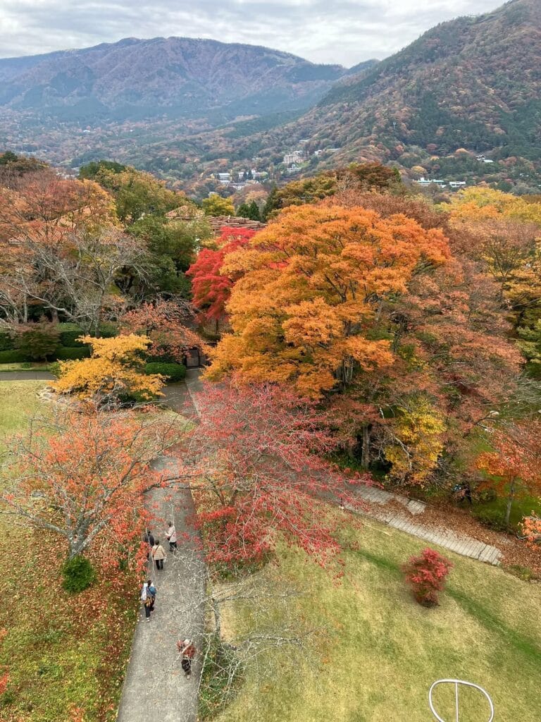 Autumn view of Hakone Open Air Museum grounds with winding paths, visitors walking below, and mountains in the distance